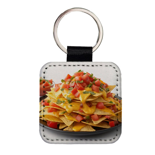 Nachos Plate Mexican Salsa Cheese Square Faux Leather Keychain