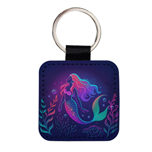 Neon Mermaid Beautiful Square Faux Leather Keychain
