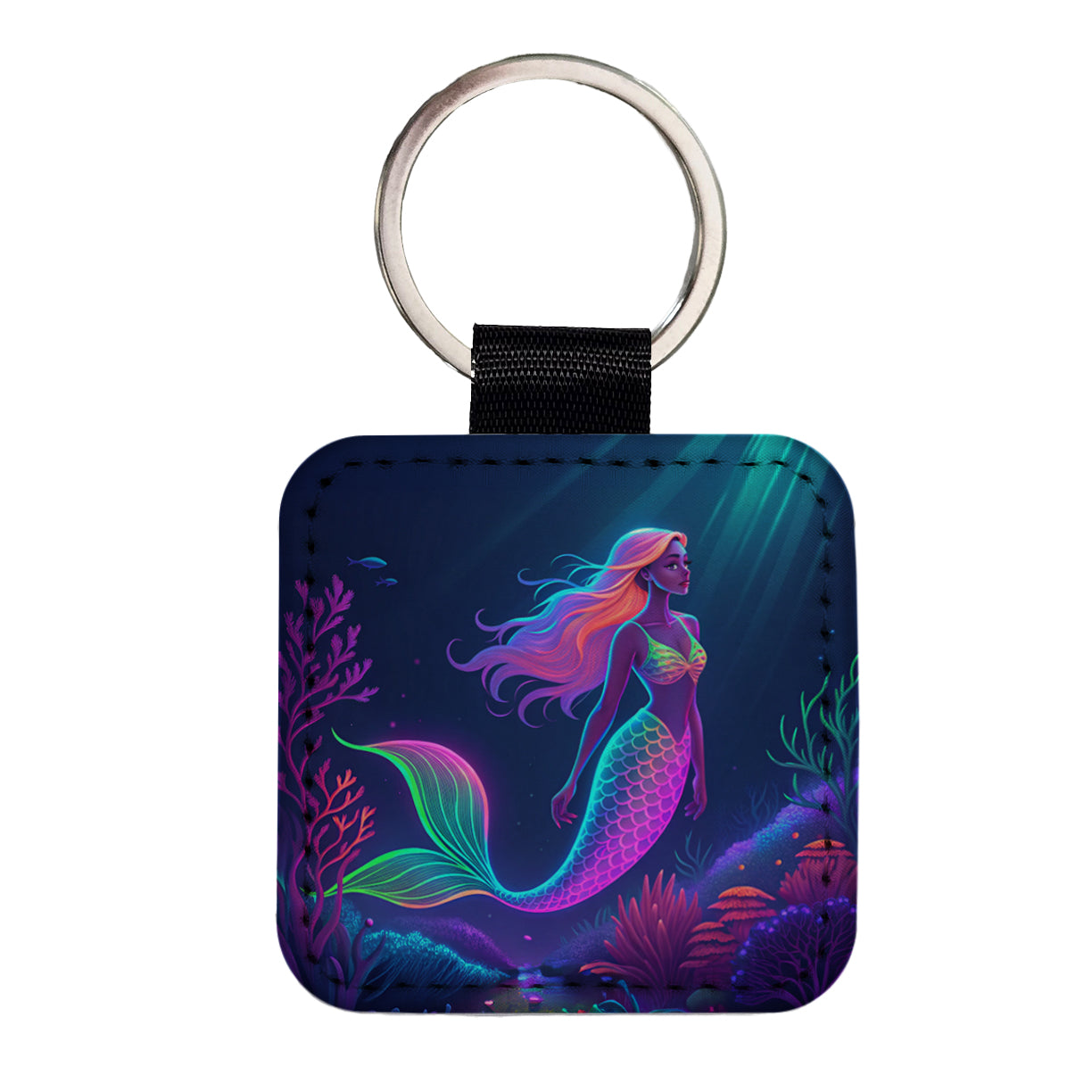 Neon Mermaid Ocean Square Faux Leather Keychain