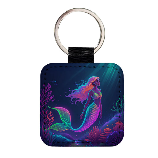 Neon Mermaid Ocean Square Faux Leather Keychain