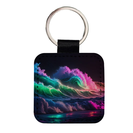 Neon Ocean Waves Beach Square Faux Leather Keychain
