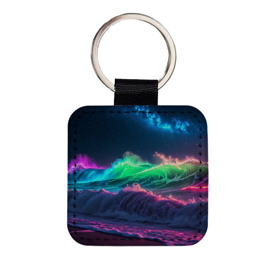Neon Ocean Waves Night Square Faux Leather Keychain