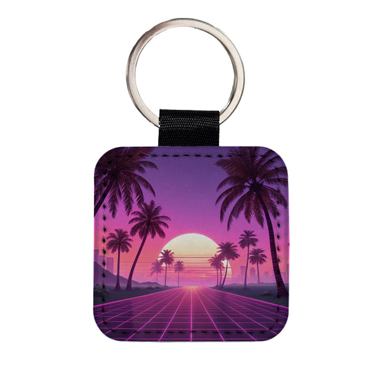 Neon Pinks Purples Palm Trees Sun Setting Square Faux Leather Keychain
