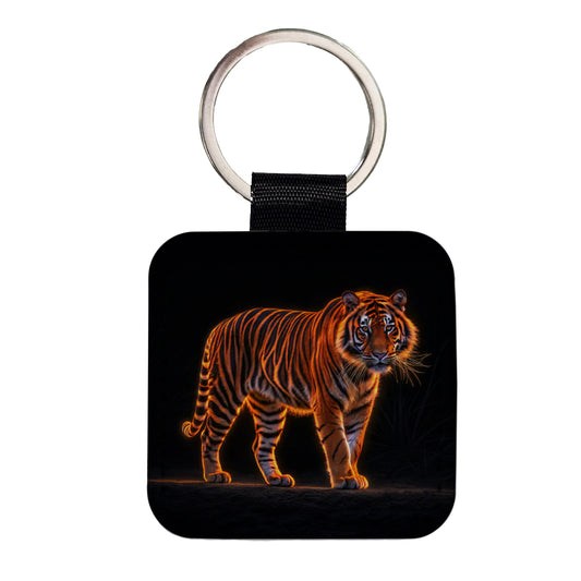 Neon Tiger Orange Square Faux Leather Keychain