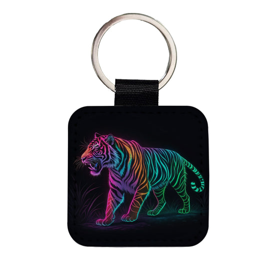 Neon Tiger Stunning Square Faux Leather Keychain