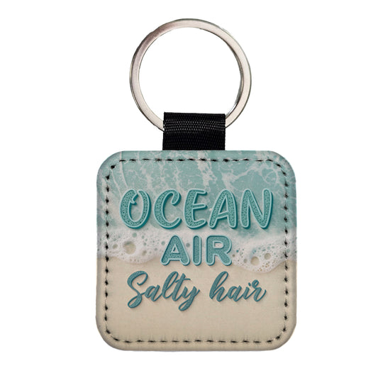 Ocean Air Salty Hair Sea Foam Beach Square Faux Leather Keychain