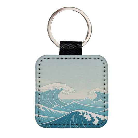 Ocean Waves High Surf Square Faux Leather Keychain