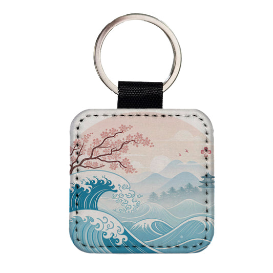 Ocean Waves Japanese Style Cherry Blossoms Square Faux Leather Keychain