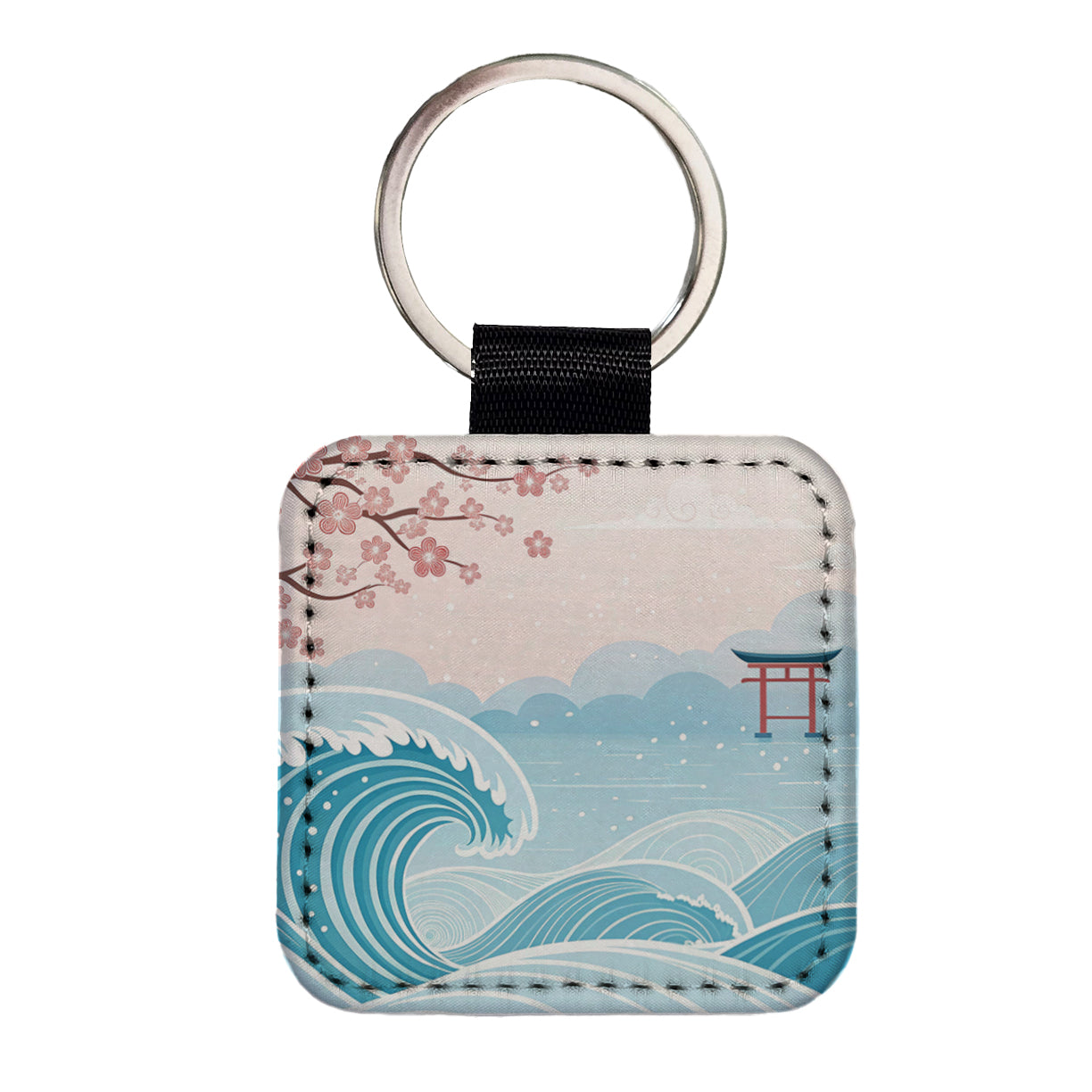 Ocean Waves Japanese Style Drawing Cherry Blossoms Square Faux Leather Keychain