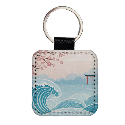 Ocean Waves Japanese Style Drawing Cherry Blossoms Square Faux Leather Keychain