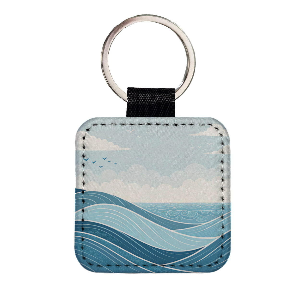 Ocean Waves Sketch Square Faux Leather Keychain