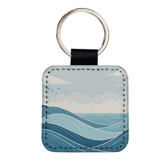 Ocean Waves Sketch Square Faux Leather Keychain