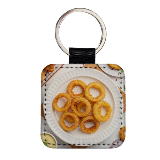 Onion Rings Plate Snack Square Faux Leather Keychain