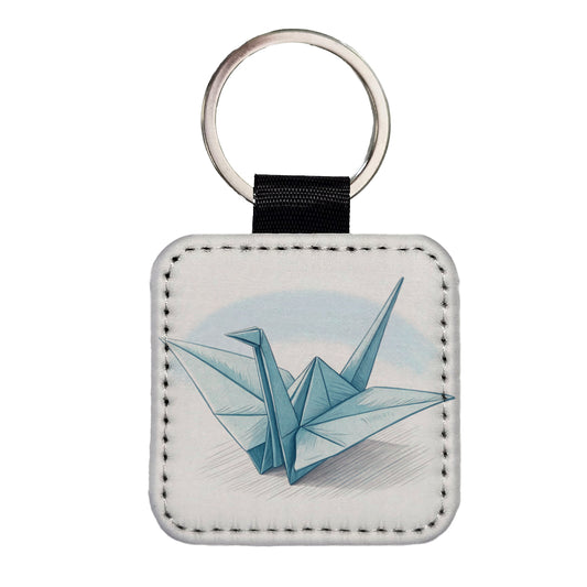 Origami Illustration Paper Crane Square Faux Leather Keychain