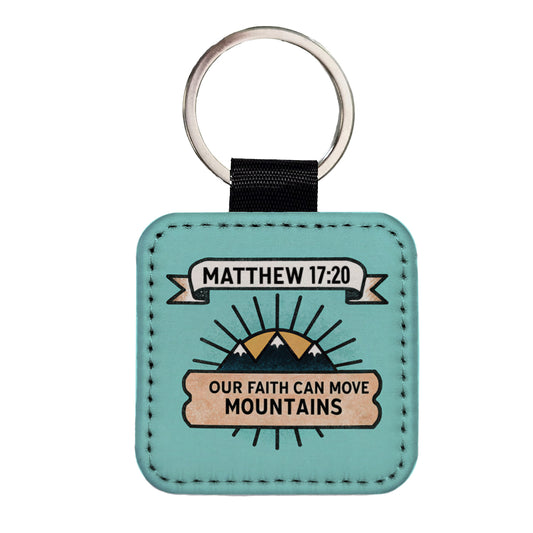 Our Faith Can Move Mountains Bible Square Faux Leather Keychain