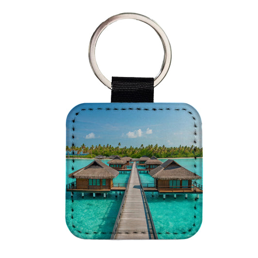 Over Water Bungalows Stunning Tropical Island Square Faux Leather Keychain