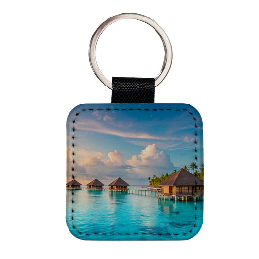 Over Water Bungalows Tropical Paradise Square Faux Leather Keychain
