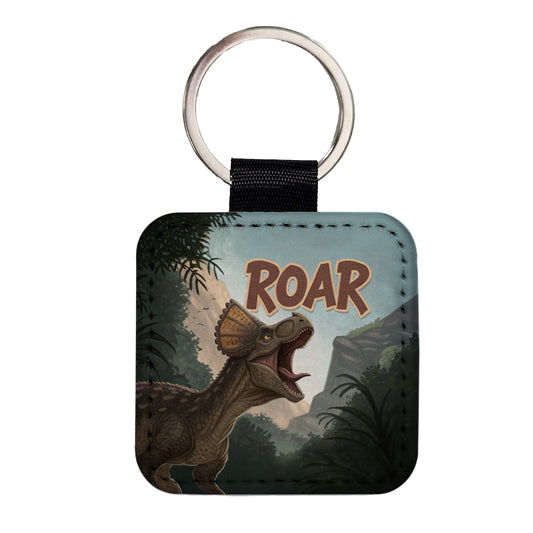 Pachycephalosaurus Roar Bold Dinosaur Square Faux Leather Keychain