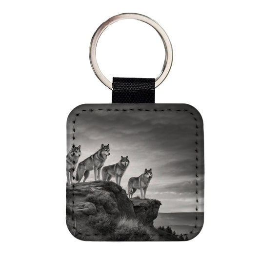 Pack Of Wolves On A Cliff Black White Square Faux Leather Keychain