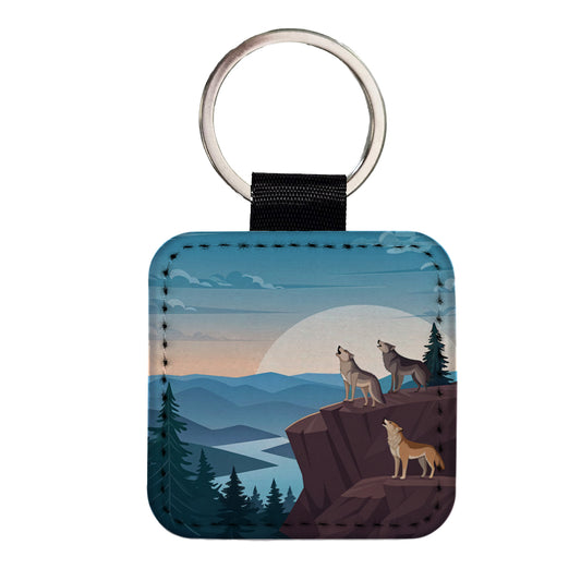 Pack Of Wolves On Cliff Drawing Square Faux Leather Keychain