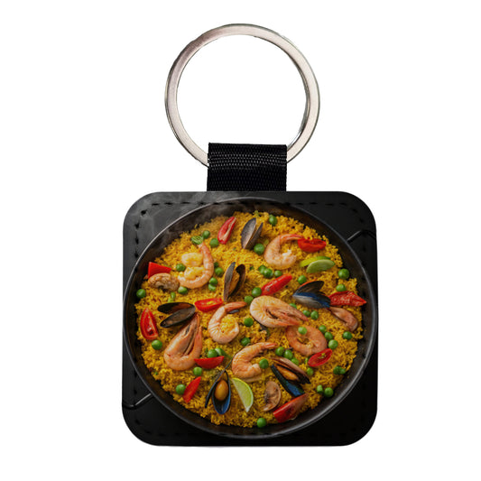 Paella Spanish Rice Dish Square Faux Leather Keychain