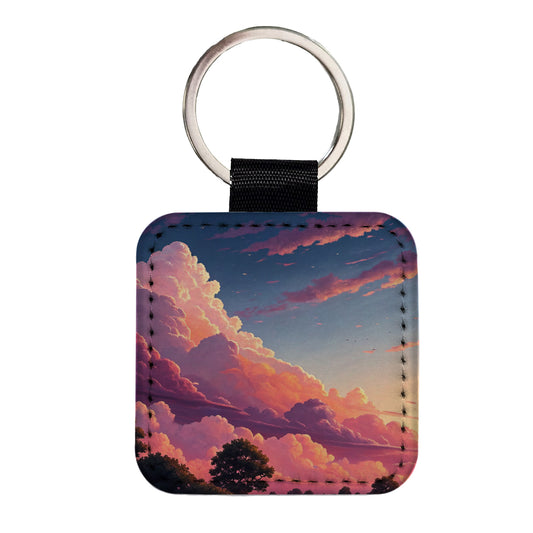 Painterly Sky Anime Clouds Square Faux Leather Keychain