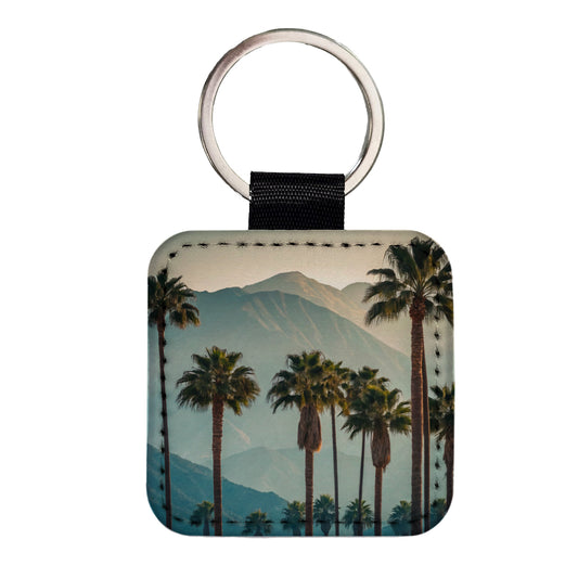 Palm Trees And Mountains Square Faux Leather Keychain