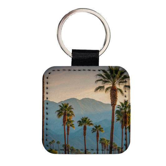Palm Trees Mountains In Background Square Faux Leather Keychain