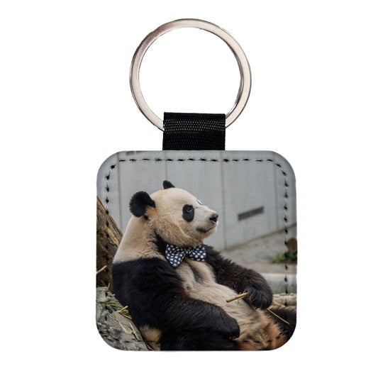 Panda Wearing Bow Tie Square Faux Leather Keychain