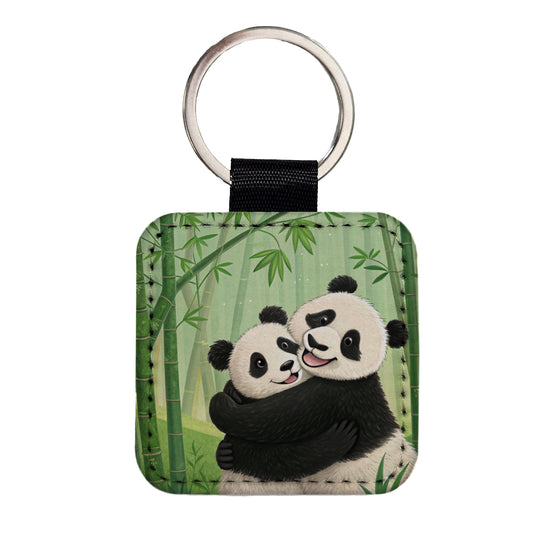 Pandas Hug Love Anniversary Square Faux Leather Keychain