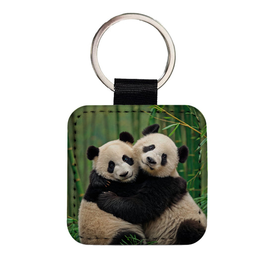 Pandas Hugging Love Square Faux Leather Keychain