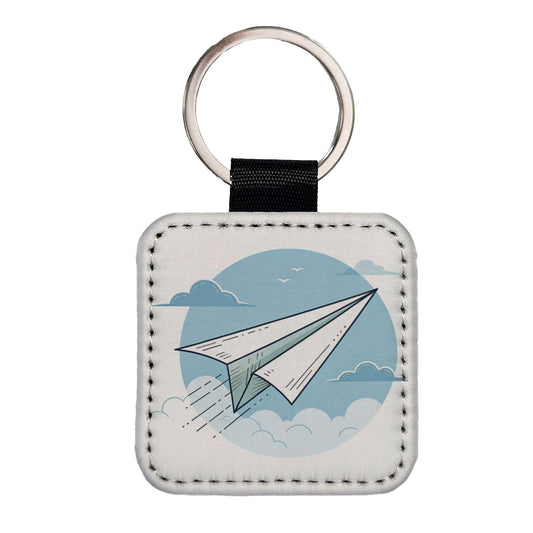 Paper Airplane Illustration Flying Sky Square Faux Leather Keychain