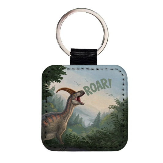 Parasaurolophus Roar Dinosaur Funny Square Faux Leather Keychain