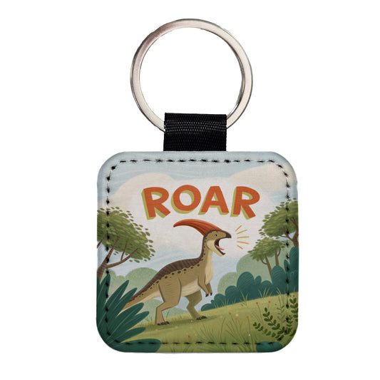 Parasaurolophus With Roar Bold Dinosaur Square Faux Leather Keychain