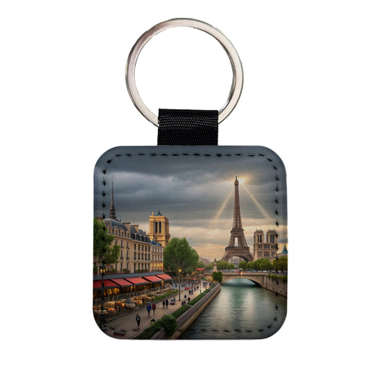 Paris France Cloudy Eiffel Tower Square Faux Leather Keychain