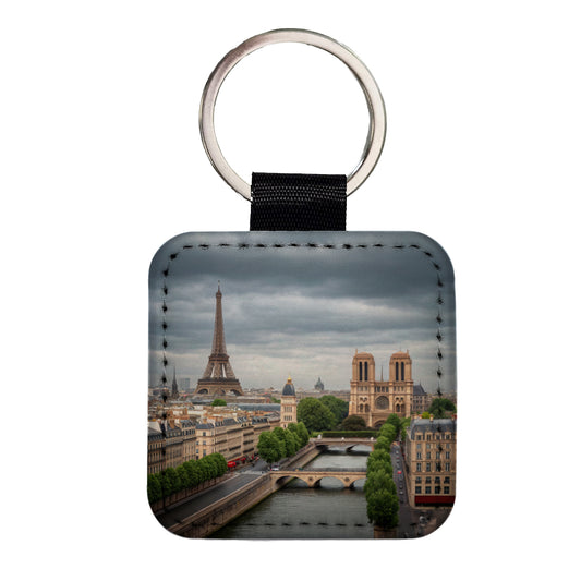 Paris France Travel Eiffel Tower Notre-Dame City Square Faux Leather Keychain