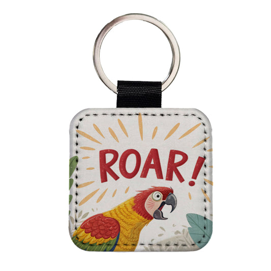 Parrot With Roar Bold Text Funny Square Faux Leather Keychain