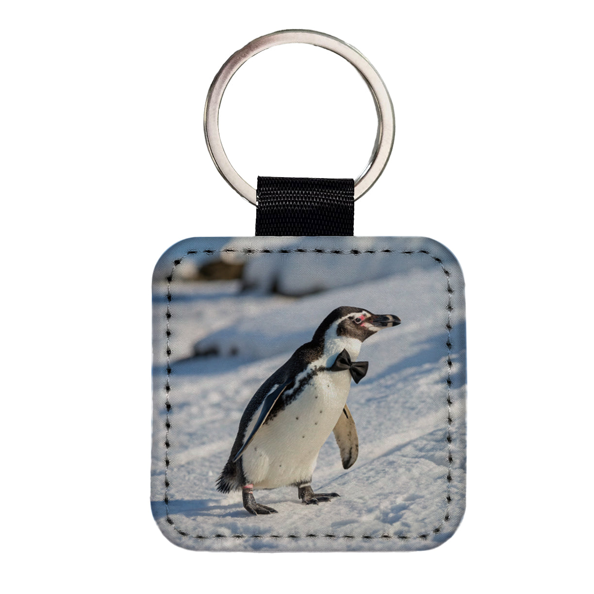 Penguin Wearing Bow Tie Funny Square Faux Leather Keychain