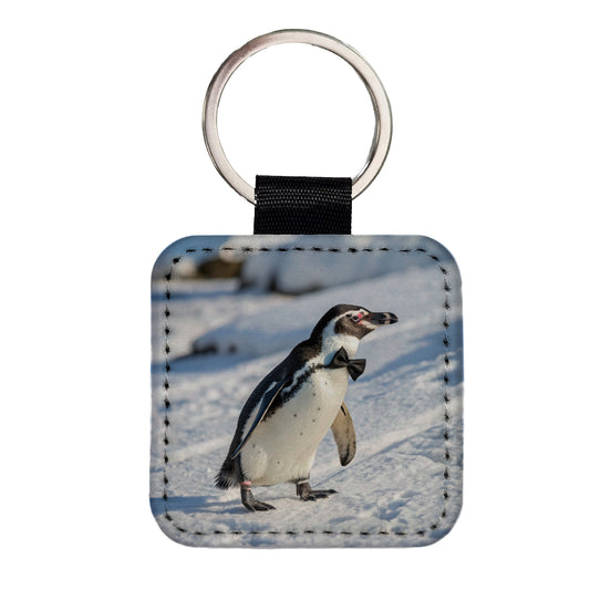 Penguin Wearing Bow Tie Funny Square Faux Leather Keychain