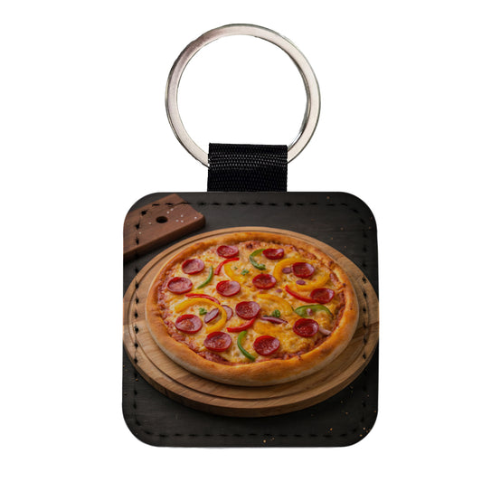 Pepperoni Pepper Pizza Square Faux Leather Keychain