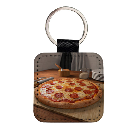 Pepperoni Pizza Yummy Dinner Square Faux Leather Keychain