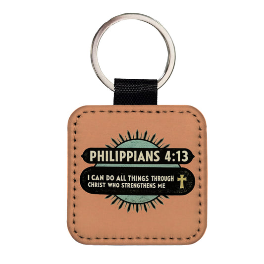 Philippians I Can Do All Things Through Christ Bible Christian Square Faux Leather Keychain