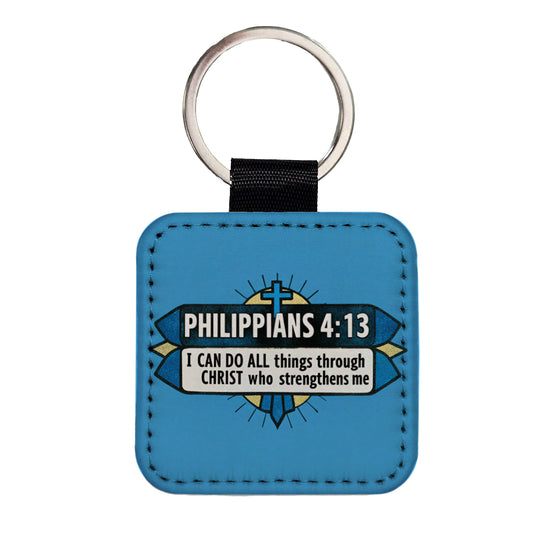 Philippians I Can Do All Things Through Christ Bible Verse Square Faux Leather Keychain