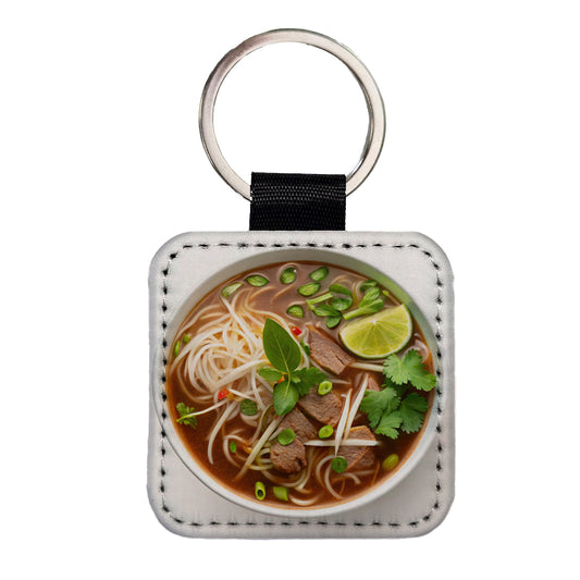 Pho Vietnamese Soup Bowl Square Faux Leather Keychain