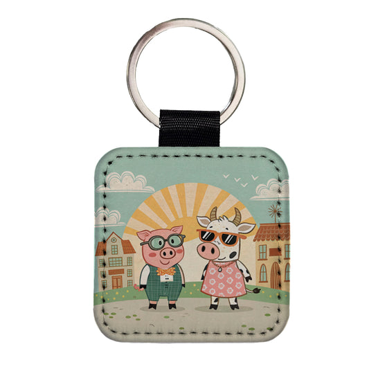 Pig And Cow Wearing Glasses Sunglasses Square Faux Leather Keychain