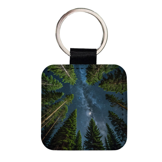 Pine Trees Looking Up Star Packed Sky Square Faux Leather Keychain