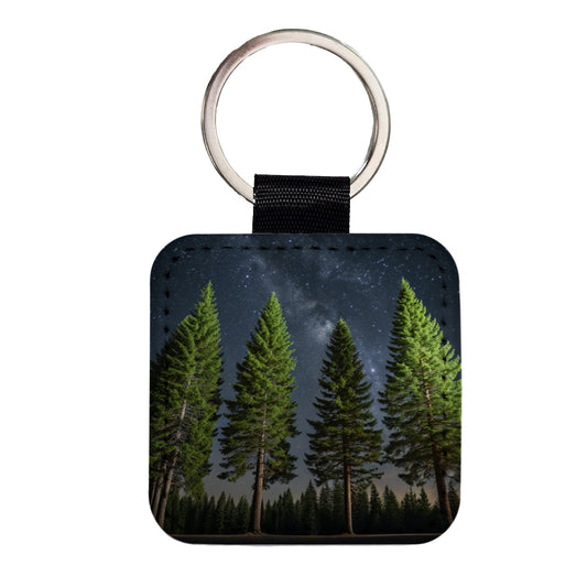 Pine Trees Star Packed Sky Square Faux Leather Keychain
