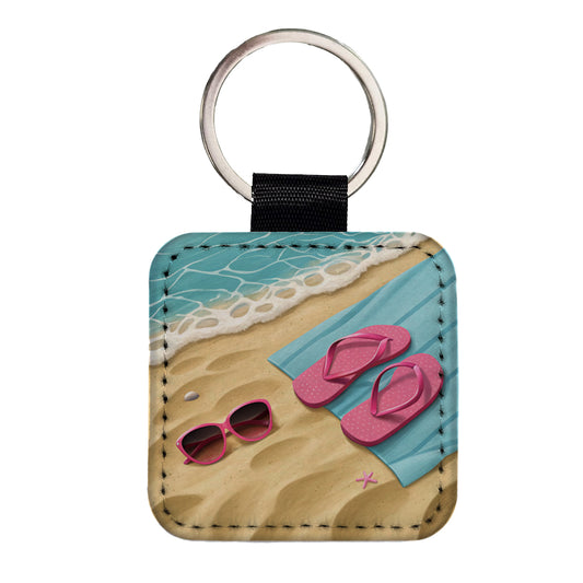 Pink Sunglasses Flip Flops Towel On Sand Beach Square Faux Leather Keychain