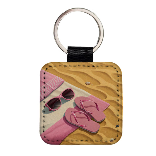 Pink Sunglasses Flip Flops Towel On Sand Cute Square Faux Leather Keychain