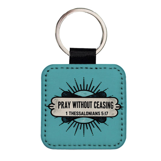 Pray Without Ceasing Bible Verse Blue Square Faux Leather Keychain